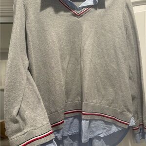 Gray V-Neck Sweater with Striped Trim